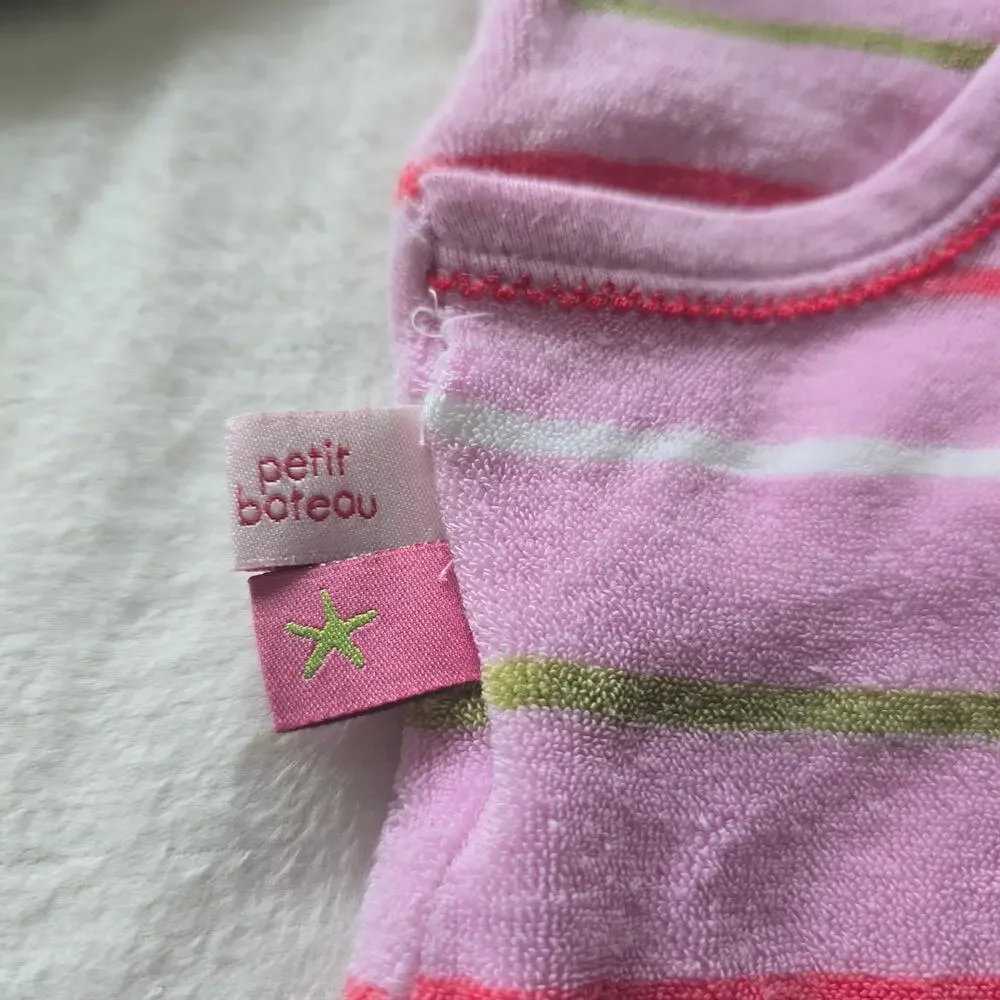 Petit Bateau Baby Girl Back Snap Footie Bodysuit Terry Cloth Pink Striped 12M